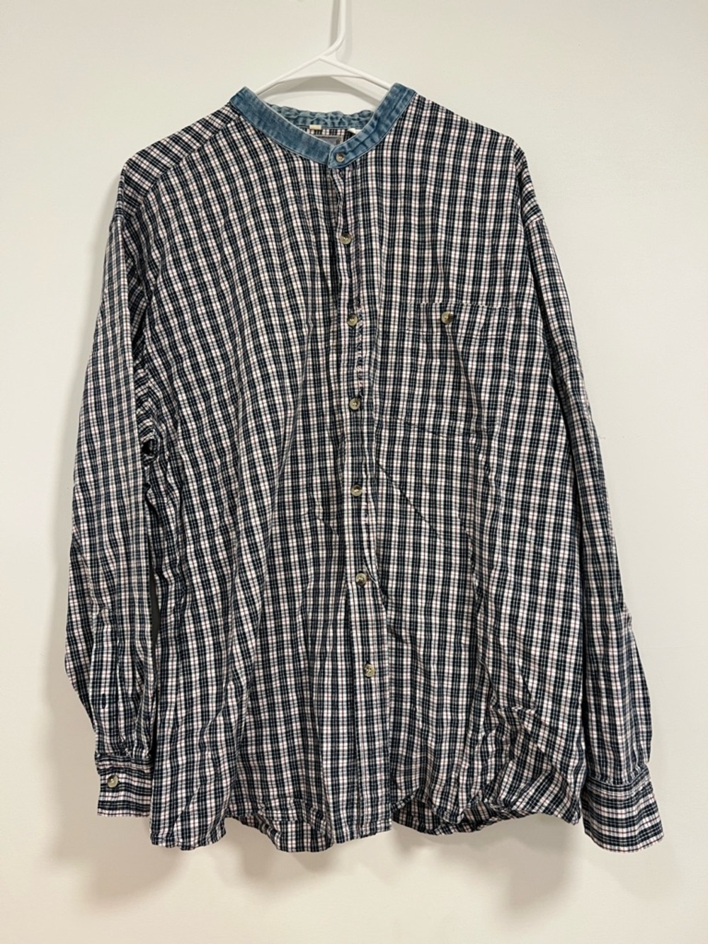Black & White Plaid Button-Down Shirt with Blue Trim